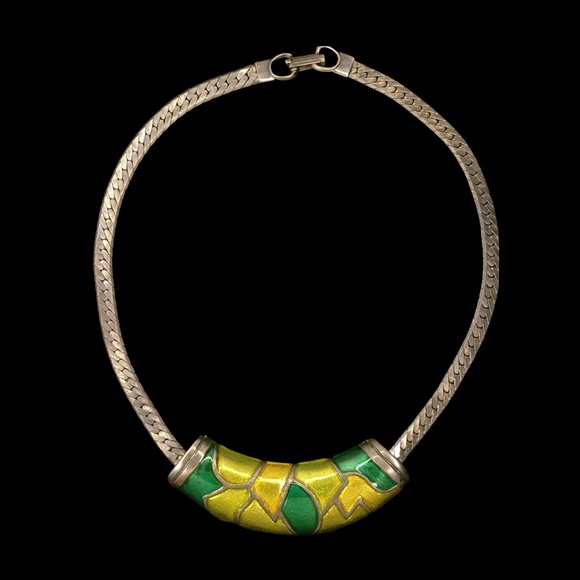 Vintage Yellow Green Enamel Gun Metal Herring Bone Chain Collar Bib Necklace - Picture 2 of 9